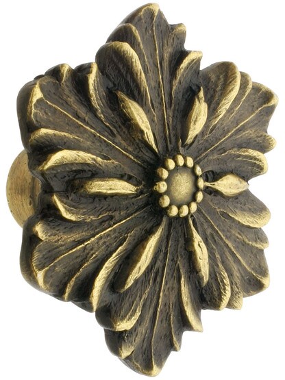 Opulent Flower Cabinet Knob - 1 5/8 inch Diameter in Antique Brass.